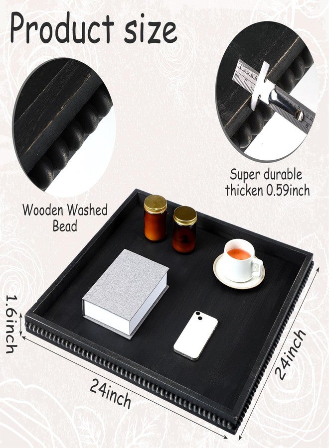 نوجو صينية تقديم مربعة كبيرة جدًا من نوجو، مقاس 24 × 24 بوصة، مزينة بخرز خشبي، صينية تقديم خشبية مغسولة، صينية تقديم مربعة متعددة الاستخدامات، مناسبة لطاولة القهوة أو طاولة المطبخ، لون أسود - Image 2