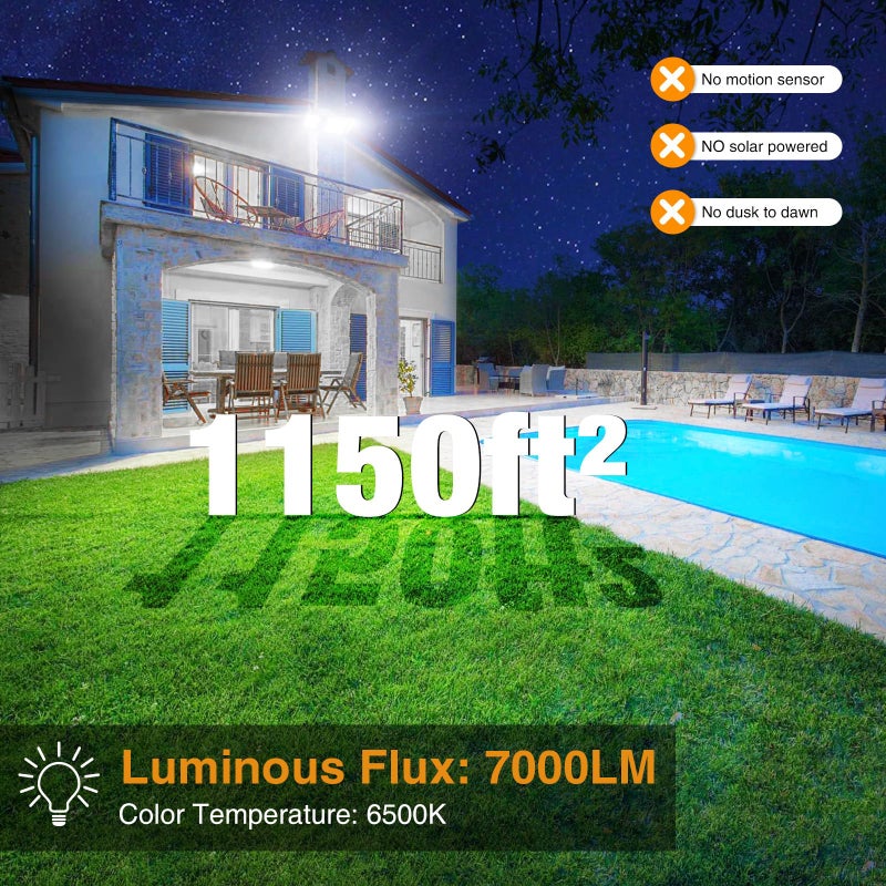 Onforu 2 Pack 75W Flood Lights Outdoor, 7000LM LED Flood Lighting Outdoor Switch Controlled, IP65 Waterproof Exterior Floodlight Fixture with 3 Adjustable Heads, 6500K Security Light for Garage Yard - Image 3