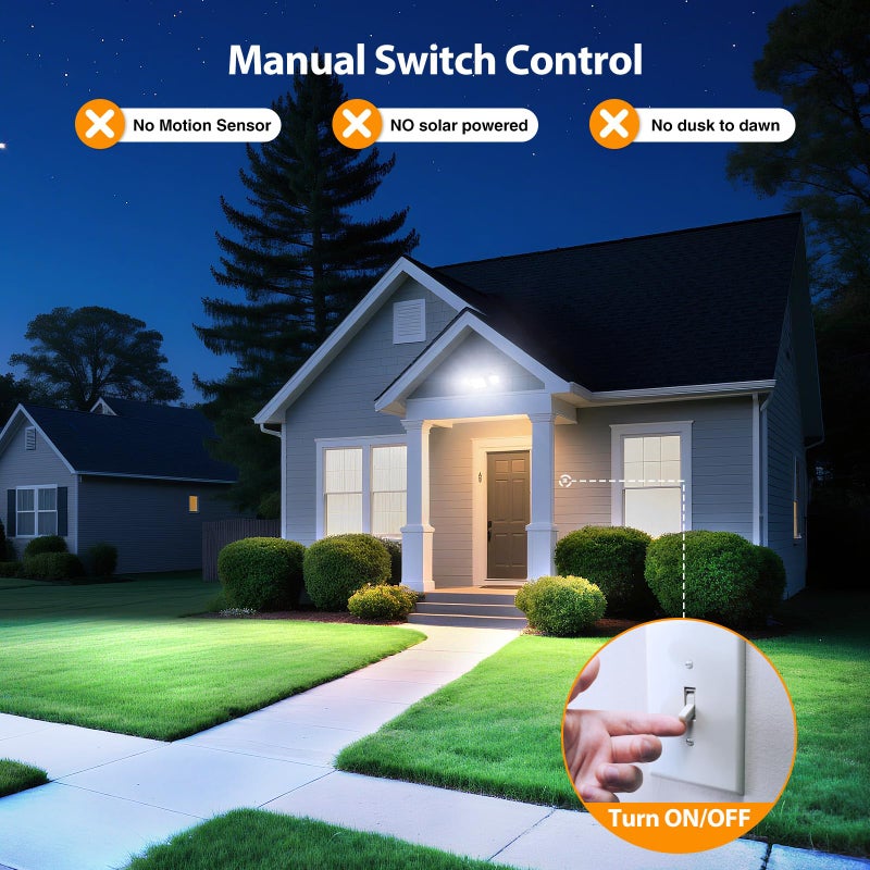Onforu 2 Pack 75W Flood Lights Outdoor, 7000LM LED Flood Lighting Outdoor Switch Controlled, IP65 Waterproof Exterior Floodlight Fixture with 3 Adjustable Heads, 6500K Security Light for Garage Yard - Image 5