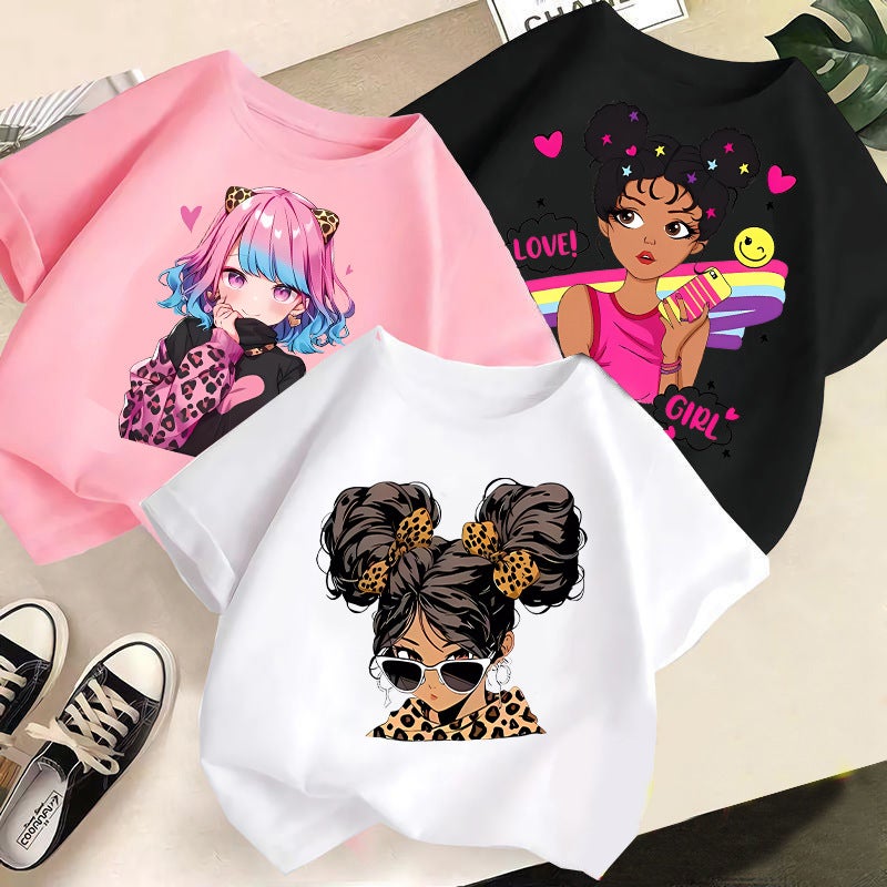 Children'S T-Shirt For Girls, Short-Sleeved Cotton, 2026 New Style, Stylish Cartoon Print Top For Girls, Korean Style Children'S Clothing Trend - Image 2