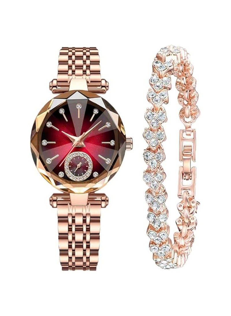 PULUZ Women Fashion Watch Metal Case Band Analog Wrist Watch Glittering Diamond Quartz Watch and Bracelet Set - Image 3