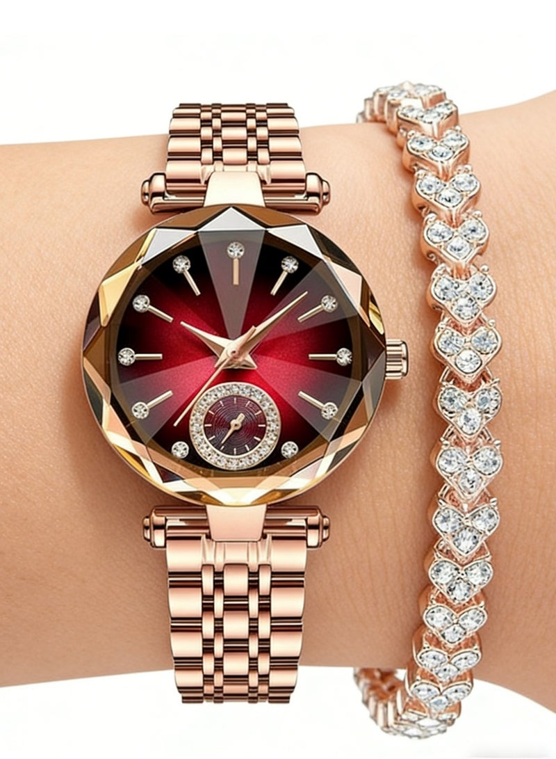 PULUZ Women Fashion Watch Metal Case Band Analog Wrist Watch Glittering Diamond Quartz Watch and Bracelet Set - Image 2