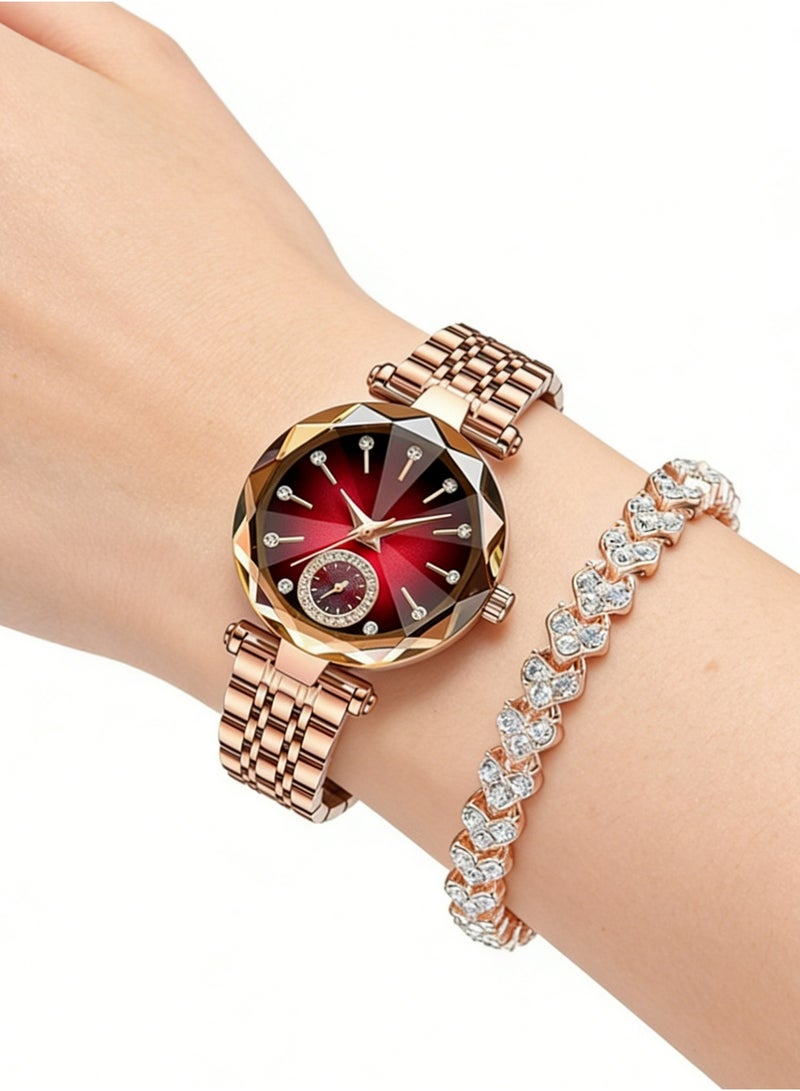 PULUZ Women Fashion Watch Metal Case Band Analog Wrist Watch Glittering Diamond Quartz Watch and Bracelet Set - Image 1