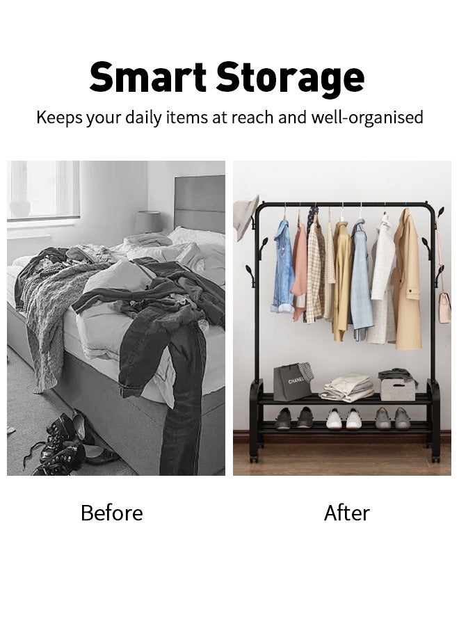 GUDOO Simple Double Tier Clothes Drying Rack Floor Metal Shoe Rack Hanger Indoor Bedroom Storage Rack Multi-functional Hanger Black 113x157x33.5cm - Image 2