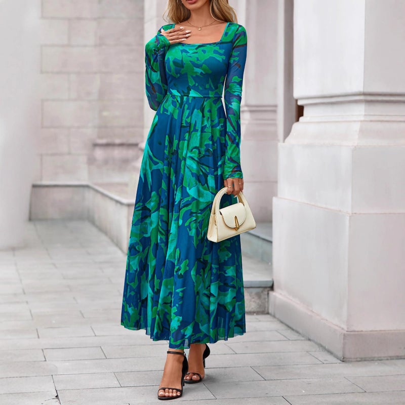 Autumn Women's Elegant Long Sleeve Square Neck Floral Print Party Dress - Image 3
