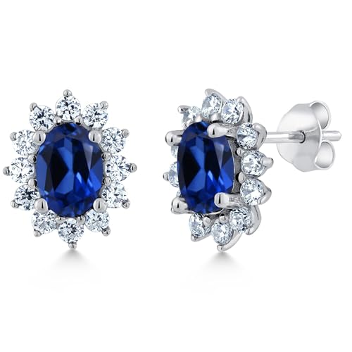 Gem Stone King 7X5MM Oval Gemstone Birthstone Stud Earrings For Women | Princess Diana Royal Halo Style | 925 Sterling Silver | Fine Jewelry Gifts for Anniversary Wedding Her Mom Women Wife - Image 1