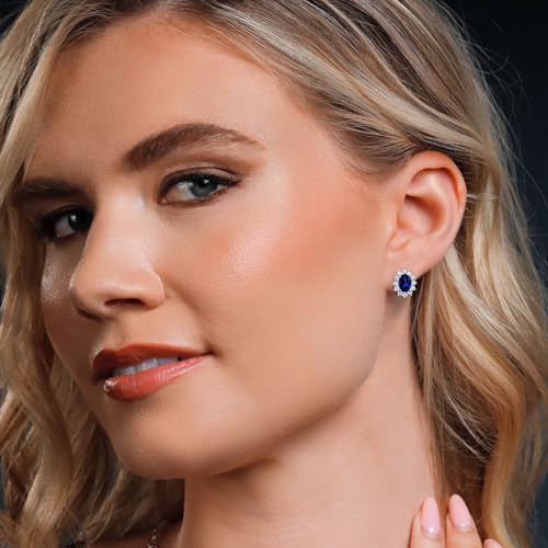 Gem Stone King 7X5MM Oval Gemstone Birthstone Stud Earrings For Women | Princess Diana Royal Halo Style | 925 Sterling Silver | Fine Jewelry Gifts for Anniversary Wedding Her Mom Women Wife - Image 4