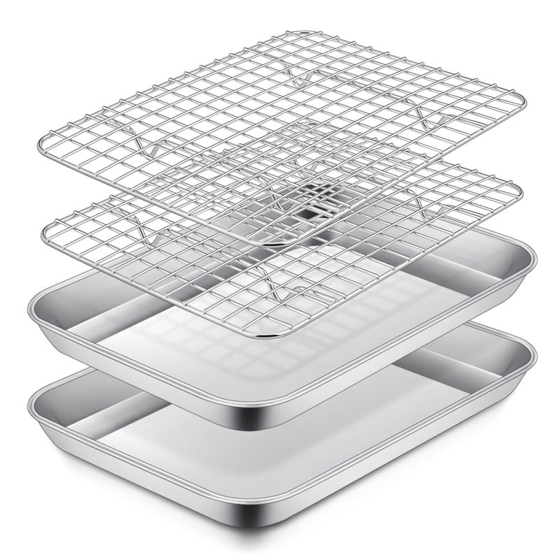 P&P CHEF PP CHEF 104 Inch Toaster Oven Pan with Rack Set Stainless Steel Baking Pan Tray and Grid Cooling Rack for CookingRoasting Dishwasher Safe Easy to Clean Nontoxic Sturdy 4Pcs