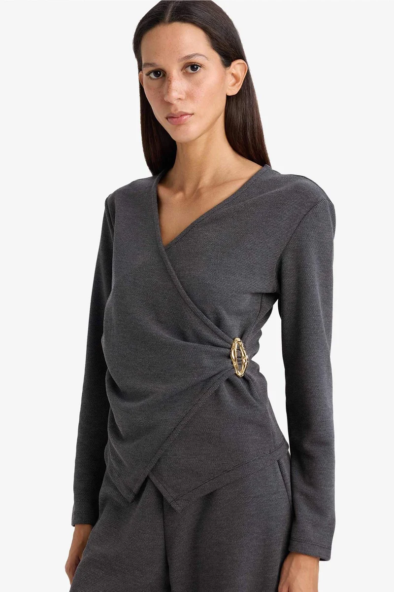 DeFacto Regular Fit Wrap Collar Accessory Detail Blouse