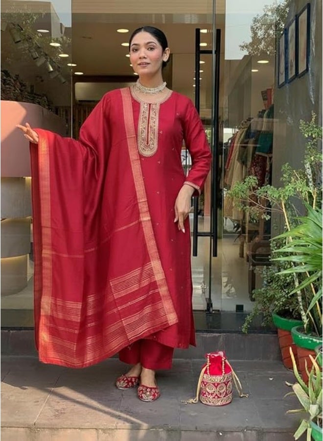 Yashika Women’s Silk Blend Kurta Set with Dupatta, Traditional Ethnic Wear Kurtis for Women|Red|L - Image 4