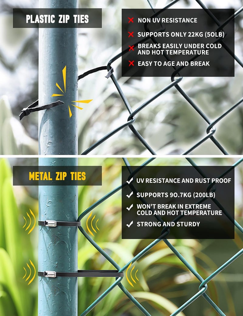 XUTTUM Metal Zip Ties Black,With Special Fastening And Cutting Tools,150 Pcs 11.8 Inch,Multi-Purpose Stainless Steel Cable Ties, Suitable For Agricultural Fencing, Garden Chain Link Fence Fixing, Pipe Tying. - Image 2