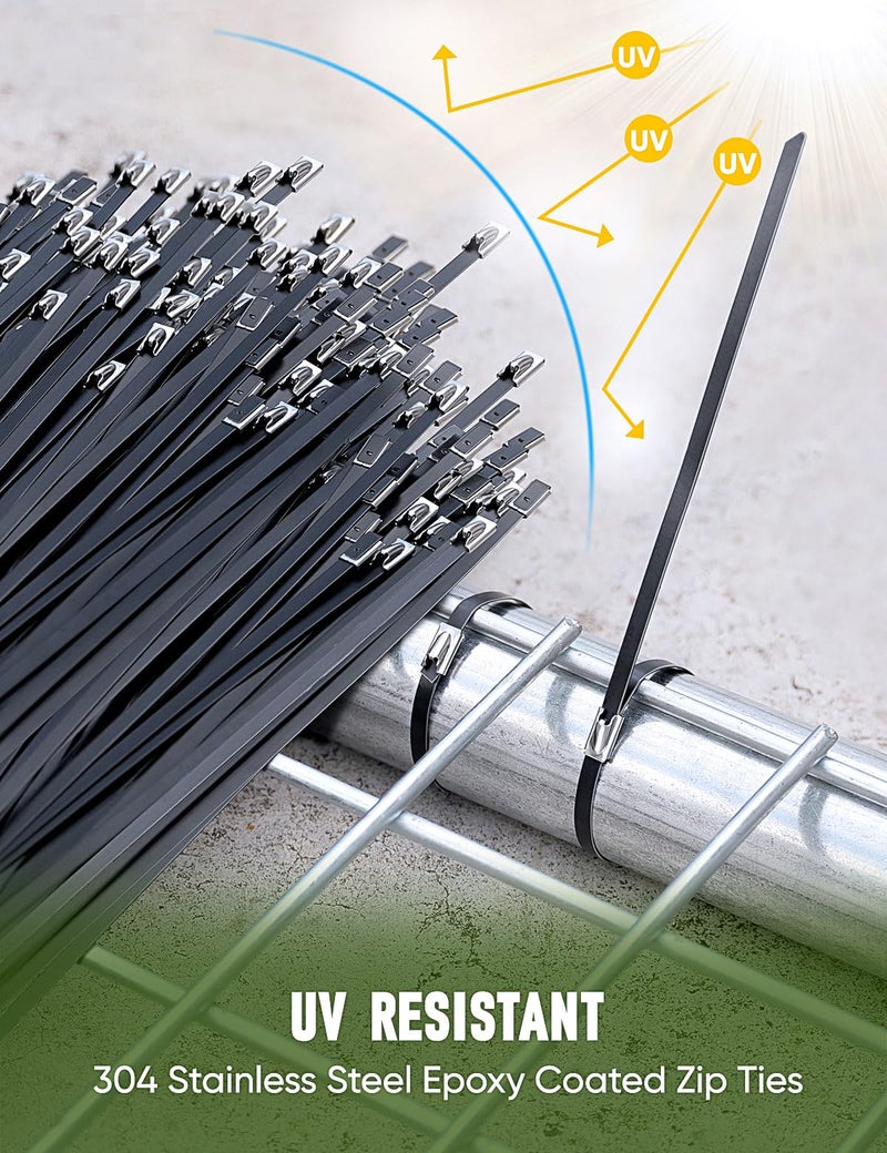 XUTTUM Metal Zip Ties Black,With Special Fastening And Cutting Tools,150 Pcs 11.8 Inch,Multi-Purpose Stainless Steel Cable Ties, Suitable For Agricultural Fencing, Garden Chain Link Fence Fixing, Pipe Tying. - Image 4
