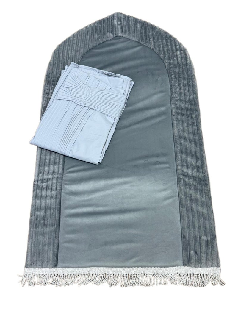 Women's prayer set: striped padded foam prayer mat with attached prayer shawl and pleated hijab.
