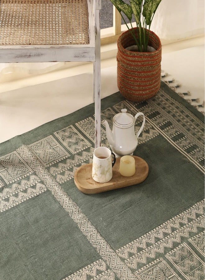 Peepul Tree Jaipuri Handprinted Cotton Rugs for Living Room | Modern Durries for Living Room |Cotton Carpets for Living Room, Bedroom |Floor Rug for Bedroom|(Sea Green, 3X5 ft) | Home Decor Gift Items - Image 3