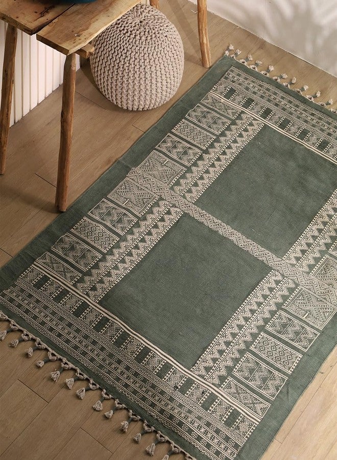 Peepul Tree Jaipuri Handprinted Cotton Rugs for Living Room | Modern Durries for Living Room |Cotton Carpets for Living Room, Bedroom |Floor Rug for Bedroom|(Sea Green, 3X5 ft) | Home Decor Gift Items - Image 1