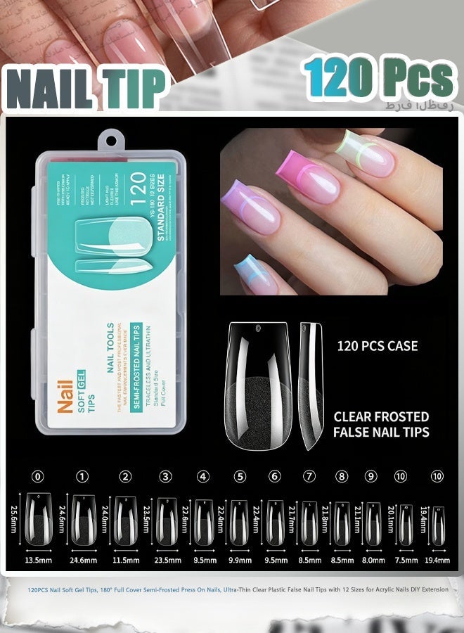 120 قطعة من أطراف الأظافر الجل المرنة (Soft Gel)، أظافر لاصقة تغطي الظفر بالكامل بتصميم شبه مطفي وقابل للانحناء بزاوية 180 درجة، أطراف أظافر صناعية شفافة ورقيقة للغاية متوفرة بـ 12 مقاساً لتركيب وتطويل الأظافر (أكريليك) بطريقة منزلية. - Image 1