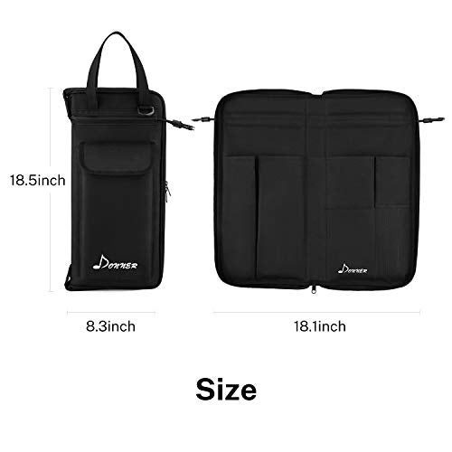 Donner Drumsticks Bag Holder Thickened Large Capacity Drum Sticks Bag Hangable Portable for Drumsticks Brushes Mallets Up to 12 Pairs, Black - Image 2