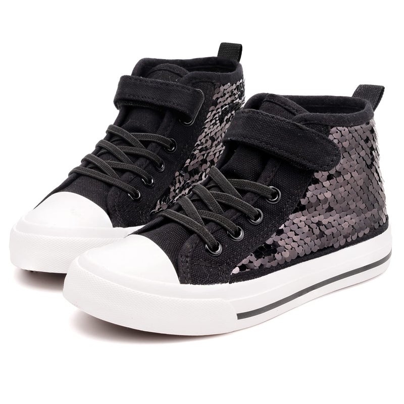 Toandon Girls Kids Canvas Shoes Sneakers for Toddler Boys Color Change Flipping Sequins Glitter Sparkle Slip On High Top Adjustable Hook Loop Straps Velcro NonSlip Lightweight Walking Black Size 2