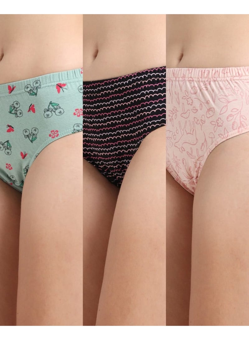 DUJE Women’s Printed Panties (3-Pack Combo 5 – Green, Black & Orange) | 95% Cotton 5% Spandex | Stretchable, Breathable, Sweat-Absorbing, Anti-Bacterial & Odour-Free Everyday Comfort Wear - Image 1