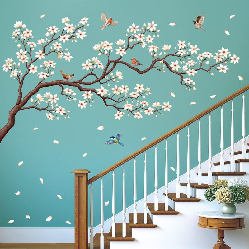 DECOWALL SG42213 Oriental Flower Tree Wall Stickers Decals White Cherry Blossom Peel and Stick Bedroom Living Room Flower murals dcor Floral Bird Furniture Art Removable Nursery Baby Birch