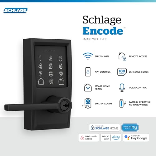 SCHLAGE قفل باب ذكي بدون مفتاح بشاشة تعمل باللمس Schlage FE789WBCEN622LAT Encode Century WiFi Latitude Lever، أسود غير لامع - Image 2