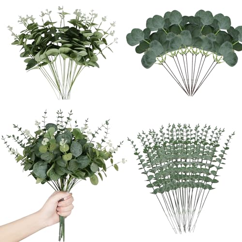 Coreland 120 Pcs 3 Kinds Mixed Artificial Eucalyptus Leaves Stems Fake Silver Dollar Eucalyptus Leaves Stem Bulk Faux Leaf for DIY Bouquets Floral Arrangement Wedding Home Decor