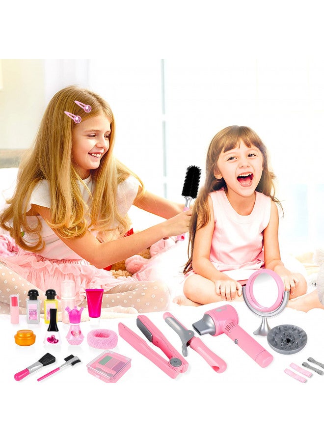 deAO Girls Beauty Salon Set 35pcs Kids Pretend Play Makeup Sets with Hairdryer, Mirror, Curling Iron and Other Accessories Kids Toddler Fashion Cutting Makeup Party Favor (Fake Makeup) - Image 1