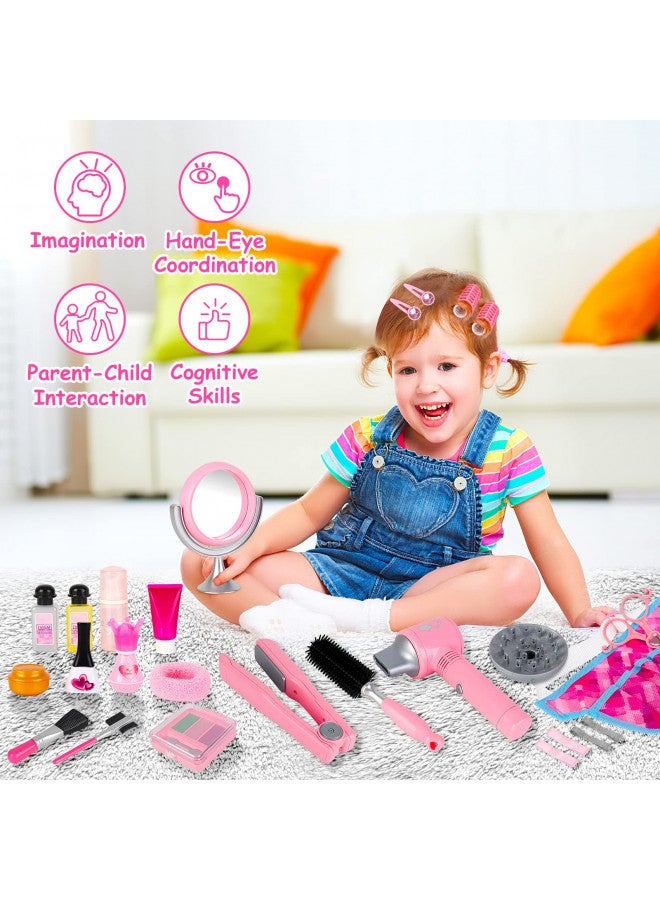 deAO Girls Beauty Salon Set 35pcs Kids Pretend Play Makeup Sets with Hairdryer, Mirror, Curling Iron and Other Accessories Kids Toddler Fashion Cutting Makeup Party Favor (Fake Makeup) - Image 2