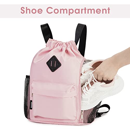 WANDF Drawstring Backpack Sports Gym Bag with Shoes Compartment, Water-Resistant String Backpack Cinch for Women Men (Small,Pink) - Image 2