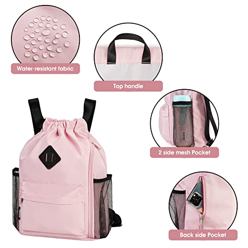 WANDF Drawstring Backpack Sports Gym Bag with Shoes Compartment, Water-Resistant String Backpack Cinch for Women Men (Small,Pink) - Image 4