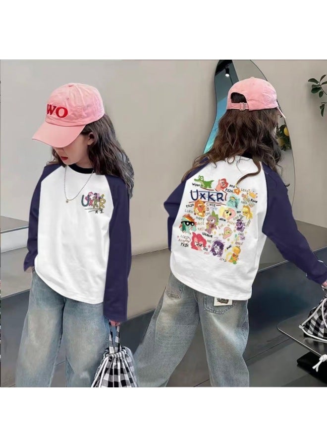 Girls' Pure Cotton Color-block Long-sleeve T-shirt, Spring And Autumn Base Shirt, Raglan Sleeve, Trendy Versatile Top For Young Children