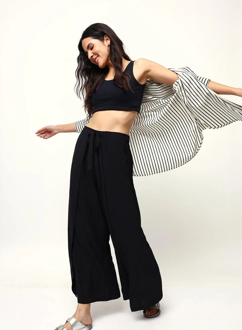 آي شين Black Poly Solid Print Full Length Palazzo Flared Trouser For Women