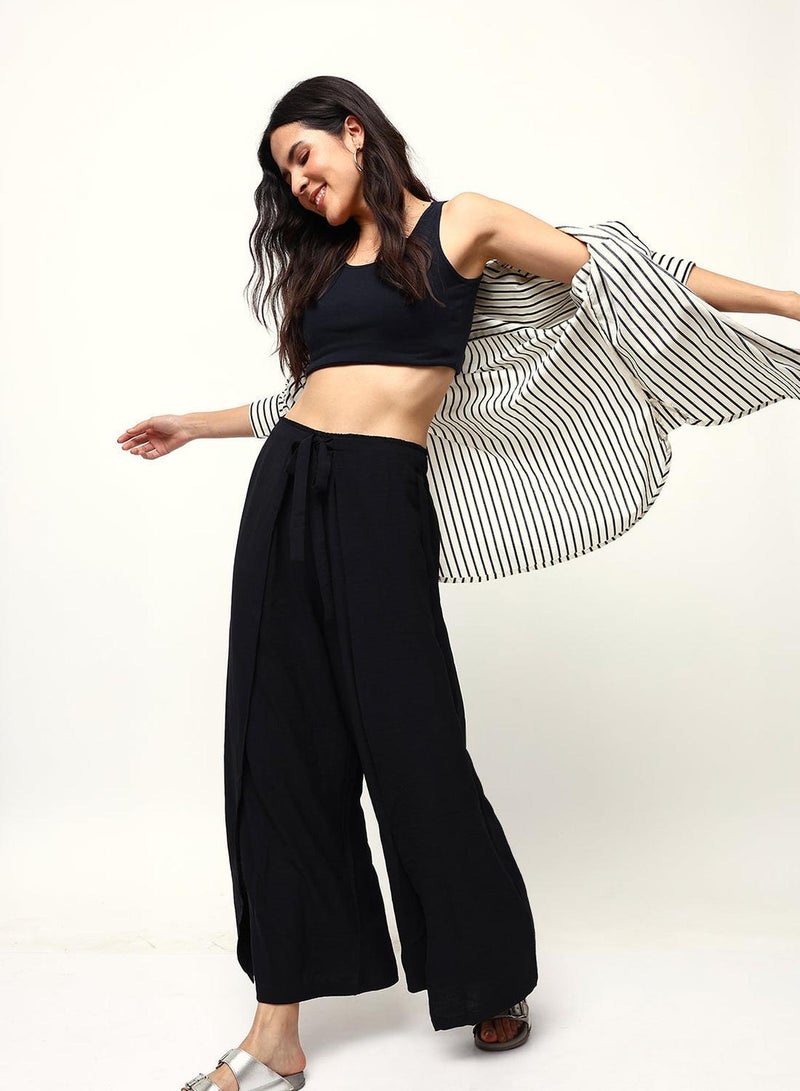 ISHIN Black Poly Solid Print Full Length Palazzo Flared Trouser For Women - Image 1