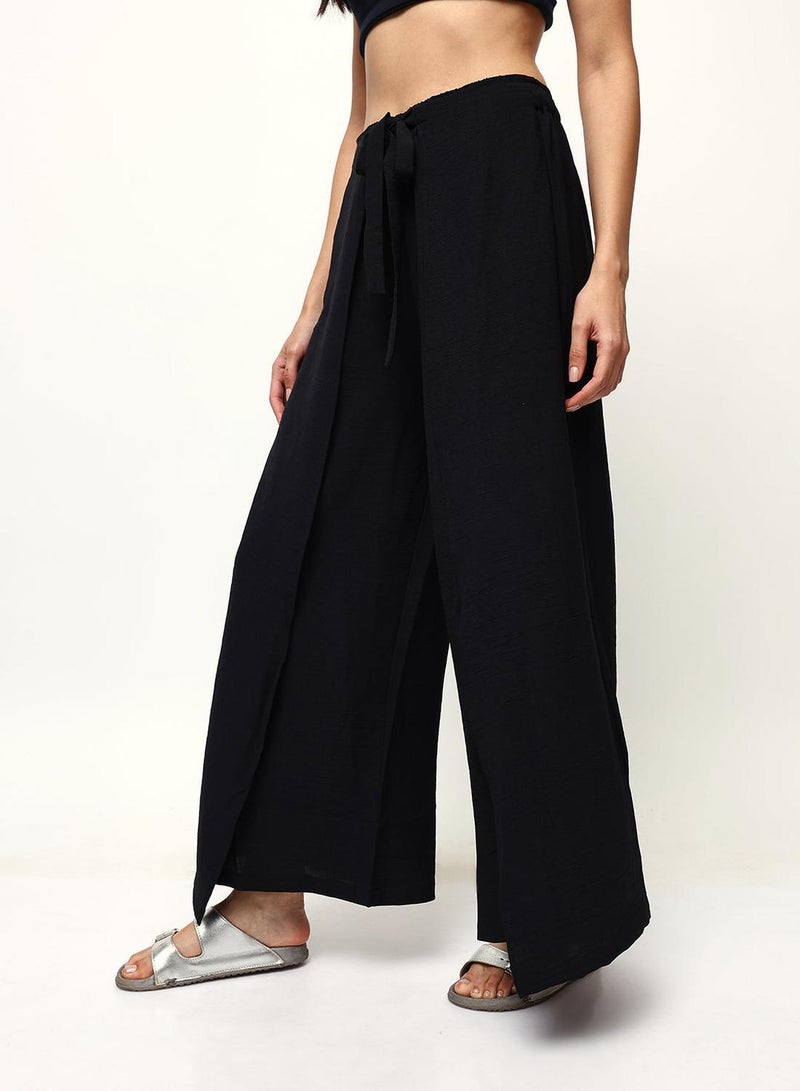 ISHIN Black Poly Solid Print Full Length Palazzo Flared Trouser For Women - Image 3