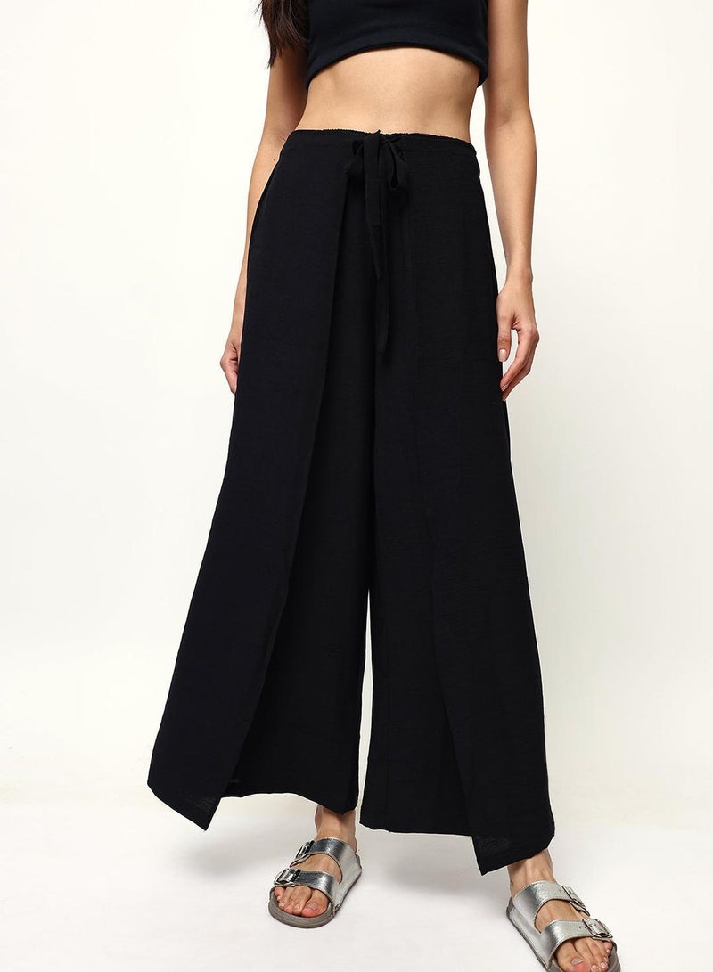 ISHIN Black Poly Solid Print Full Length Palazzo Flared Trouser For Women - Image 2