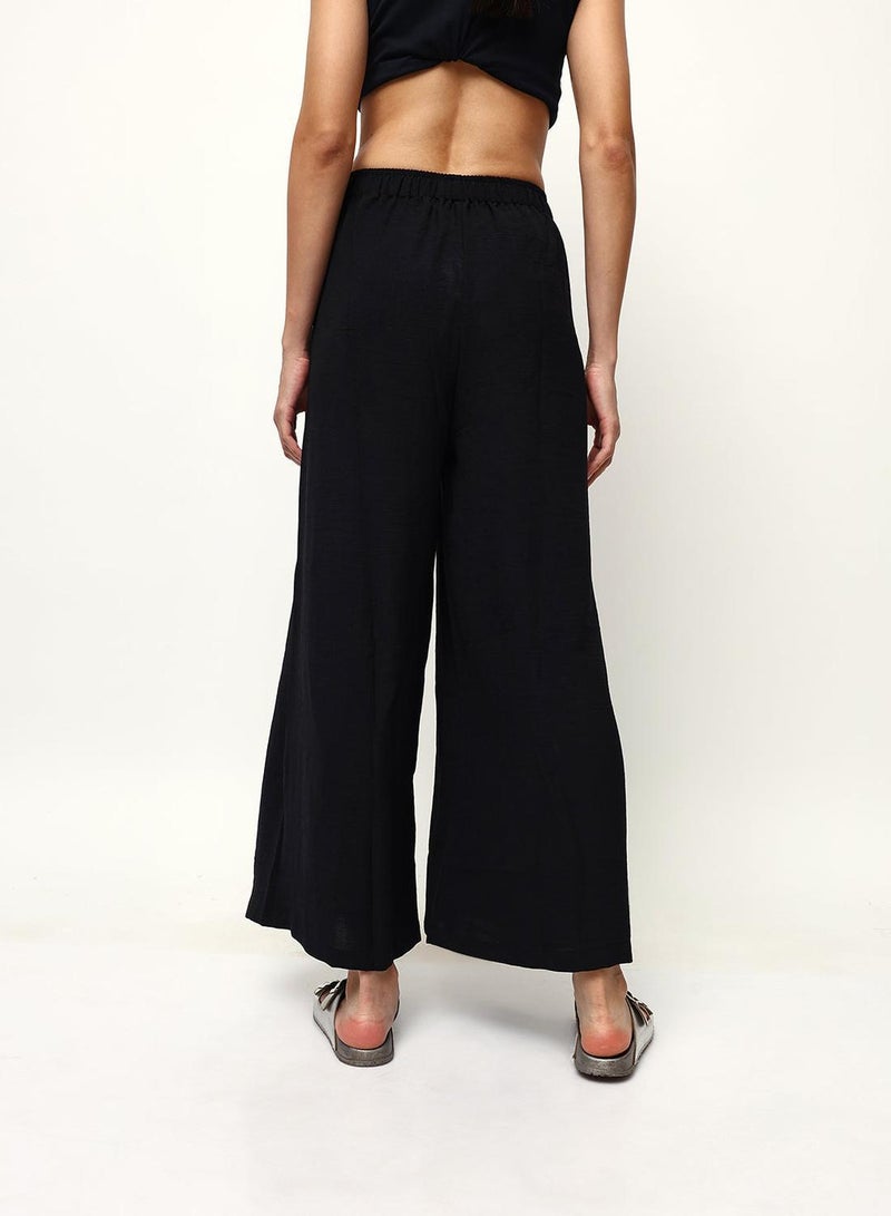 ISHIN Black Poly Solid Print Full Length Palazzo Flared Trouser For Women - Image 4