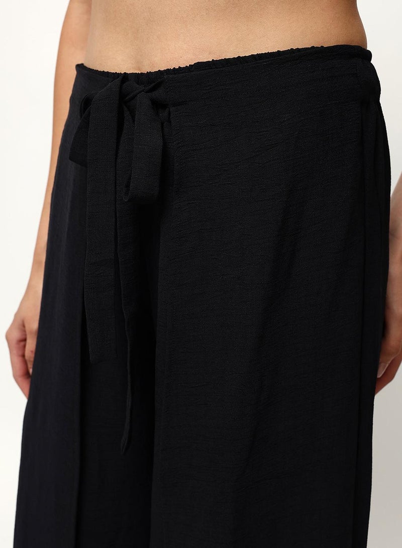 ISHIN Black Poly Solid Print Full Length Palazzo Flared Trouser For Women - Image 5