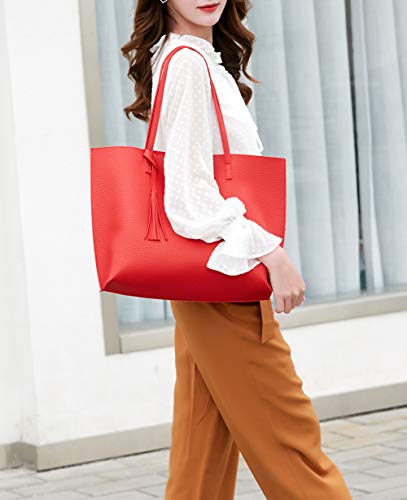 Dreubea Women's Soft Faux Leather Tote Shoulder Bag from, Big Capacity Tassel Handbag Red - Image 2