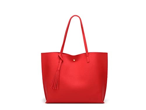 Dreubea Women's Soft Faux Leather Tote Shoulder Bag from, Big Capacity Tassel Handbag Red - Image 1