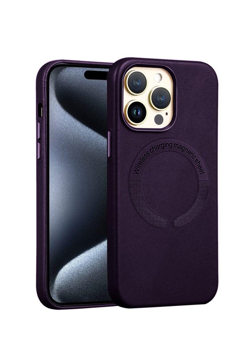 Wtech - Leather Magnetic Wireless Charging Case Original MagSafe Shockproof Case Cover For Apple iPhone 15 Pro 2023 Luxury Eggplant Purple - Image 1