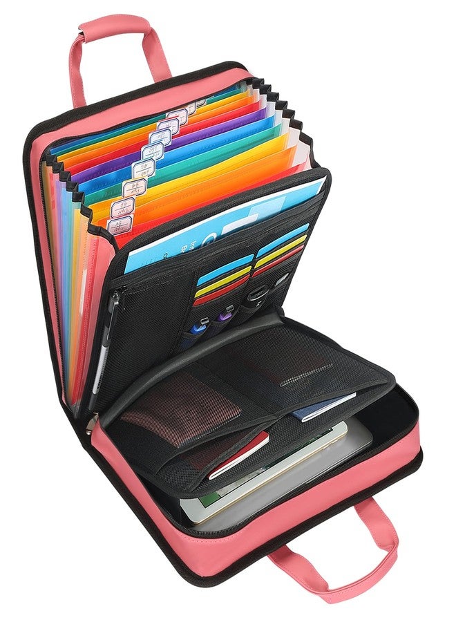 SEEKIND PU Leather Accordion File Organizer with Handle & Strap，12 Pockets Expanding File Folder with Zipper & Labels，Portable Document Organizer File for Letter A4 Files - Image 1