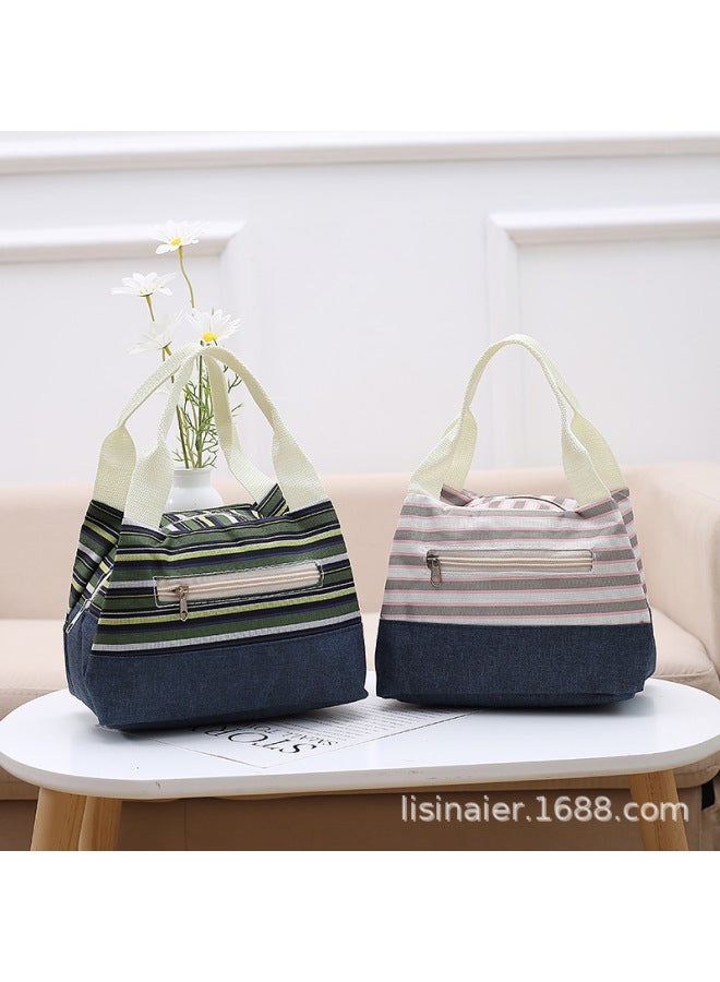 Japanese Style Artistic Commuter Oxford Cloth Bag Women's Printed Fashionable Contrast Color Striped Lunch Bag Korean Style Light Trendy Lunch Box Bag-Color:Green Stripe - Image 4