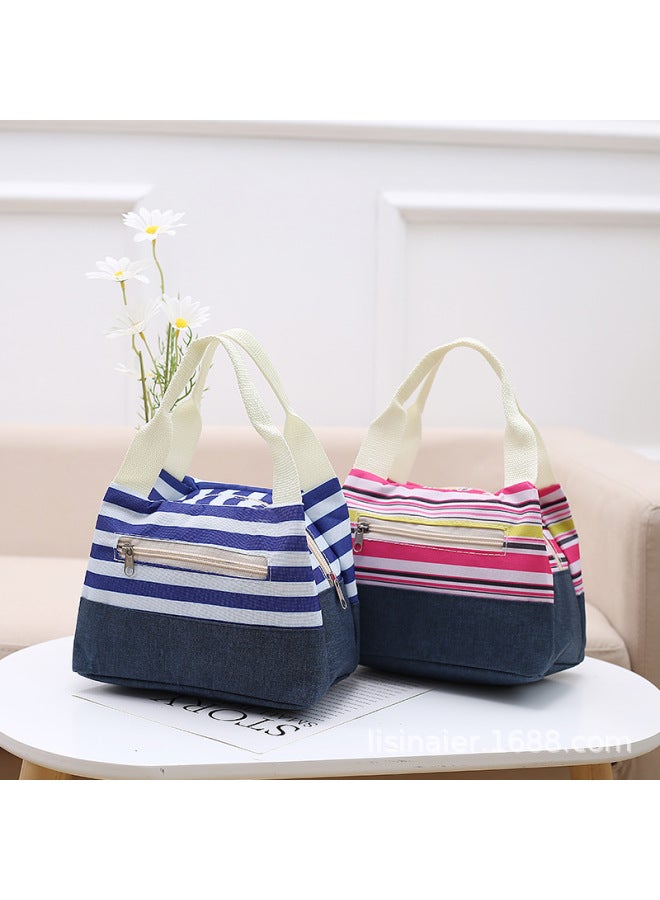 Japanese Style Artistic Commuter Oxford Cloth Bag Women's Printed Fashionable Contrast Color Striped Lunch Bag Korean Style Light Trendy Lunch Box Bag-Color:Green Stripe - Image 3