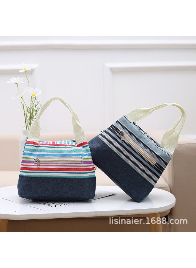 Japanese Style Artistic Commuter Oxford Cloth Bag Women's Printed Fashionable Contrast Color Striped Lunch Bag Korean Style Light Trendy Lunch Box Bag-Color:Green Stripe - Image 1