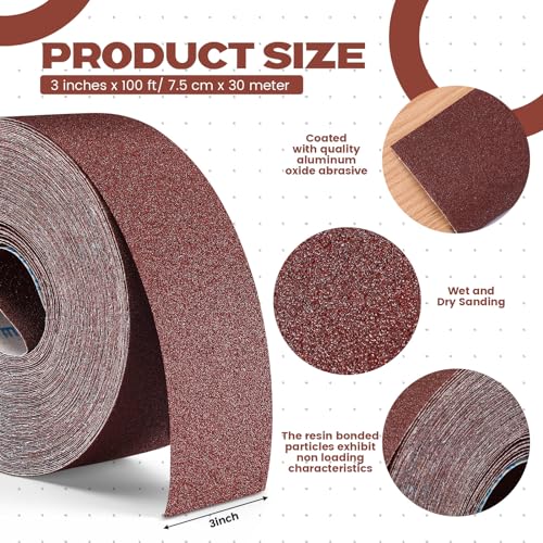Heigble 80 Grit Abrasive Sandpaper Roll 3''x100 ft Long Emery Cloth Sand Paper Roll Aluminum Oxide Sanding Belt for Drum Sander Sandpaper Continuous Wood Furniture Wet and Dry Sanding - Image 2