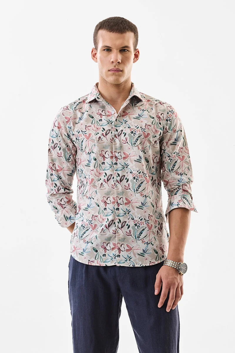 سنيتش Beige Floral Long Sleeve Slim Fit Shirt