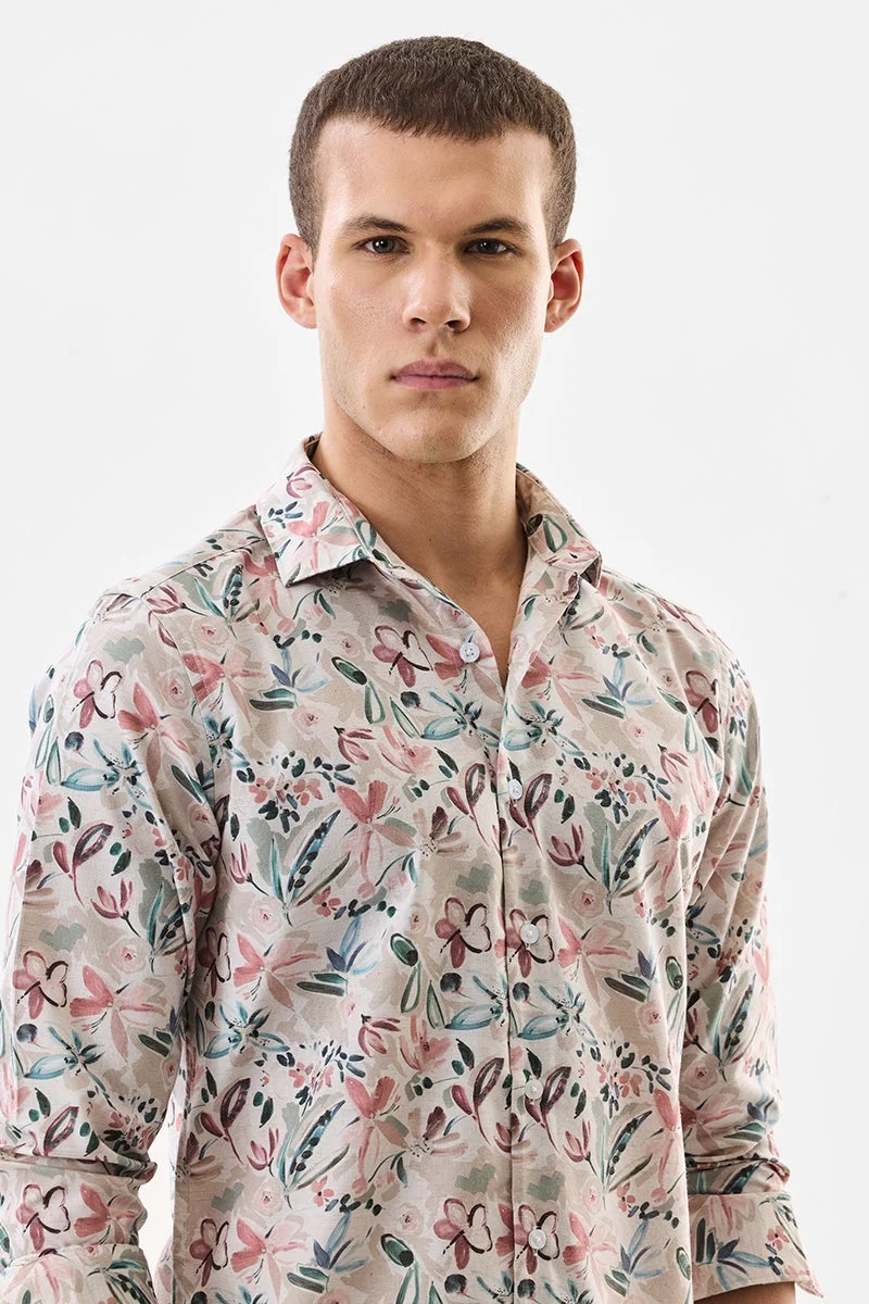 سنيتش Beige Floral Long Sleeve Slim Fit Shirt