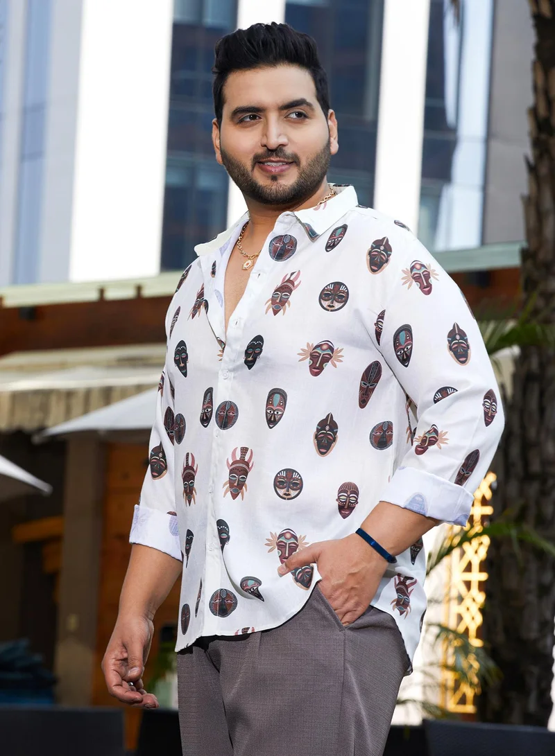 Instafab Plus  Men's Daisy White Masked-Maya Shirt For Casual Wear | Spread Collar | Long Cuffed Sleeves | Button Closure | Plus Size Shirt Crafted With Comfort Fit For Everyday Wear for Men | Best Price UAE