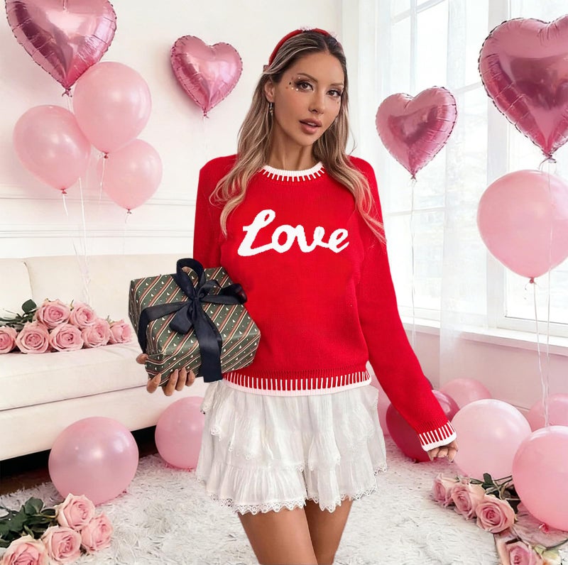 LUKYCILD Valentines Sweater Women Love Heart Sweatshirt Valentine Day Love Sweaters Cute Knitted Long Sleeve Pullover Tops Red - Image 2