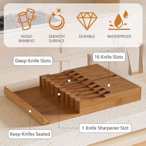 Domax Bamboo In-drawer Knife Block - Knife Drawer Organizer Insert Large Handle Steak Knife Holder, Kitchen Drawer Knife Organizer Fits for 16 knives and 1 Sharpening Steel (Not Included), Walnut - Image 2